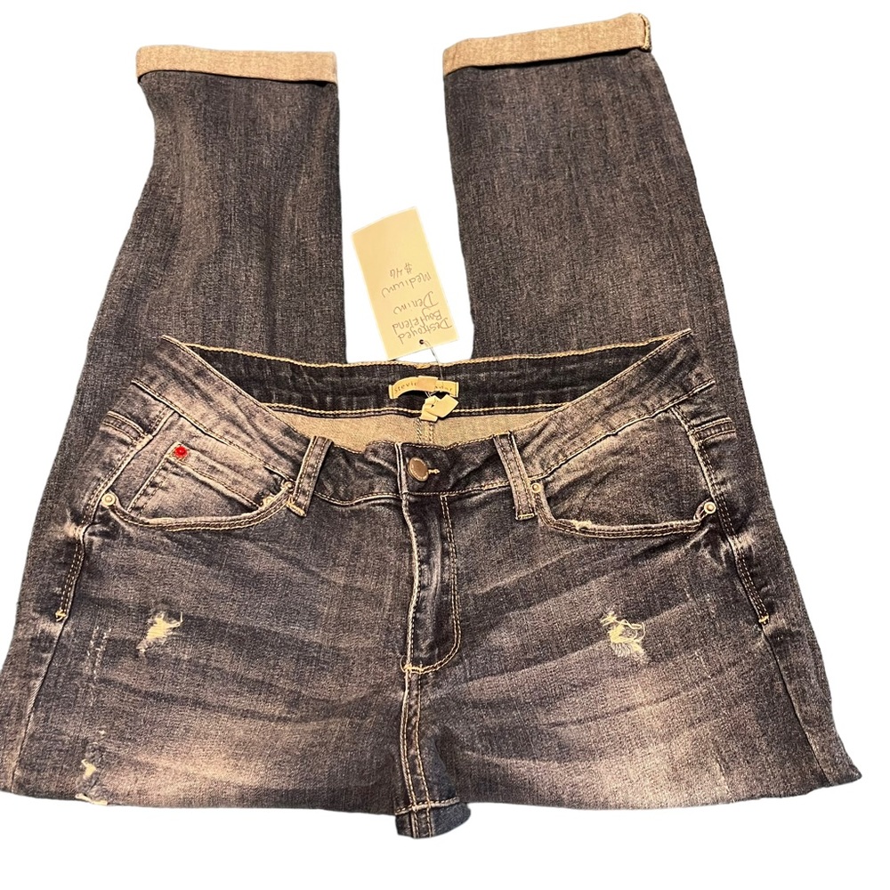 STEVIE HENDER distressed ripped boyfriend jeans with rolled hem. Size: Medium